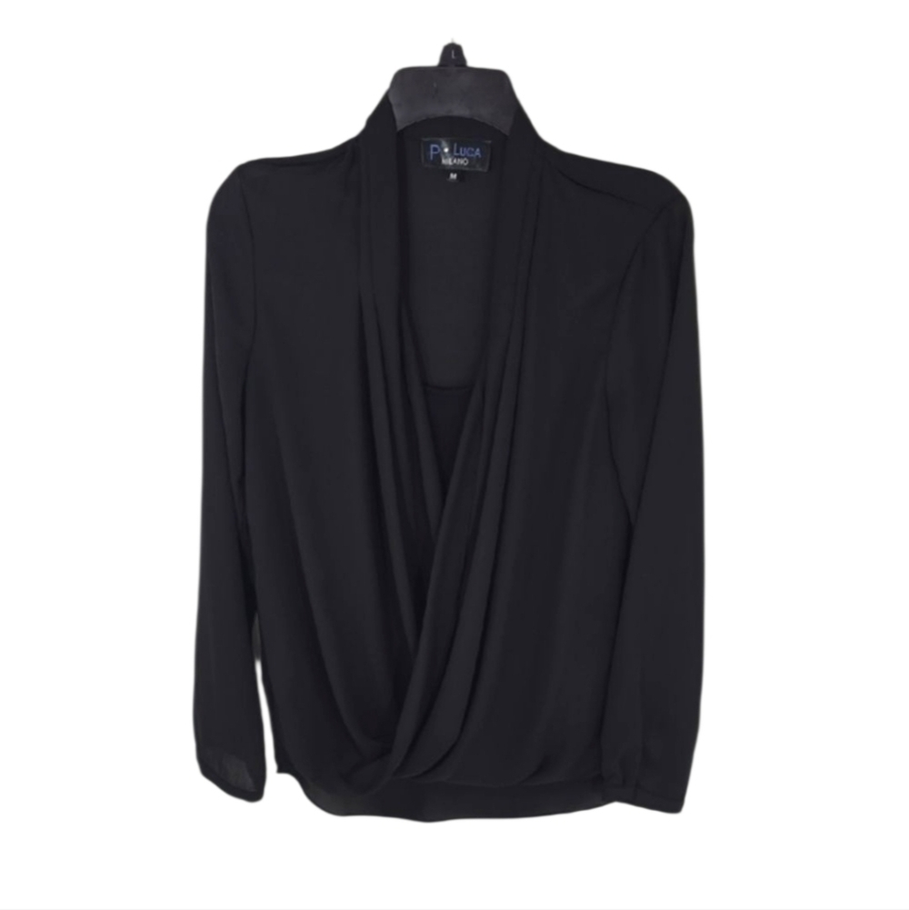 {P Luca Milano} Women's Black Front Wrap Tank Blouse - Size MEDIUM